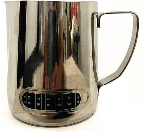 Vista 9 de Jarra de espuma de leche de 21 oz (20.3 fl oz) con termómetro integrado, jarra Latte Art de acero inoxidable, jarra de crema de temperatura expreso
