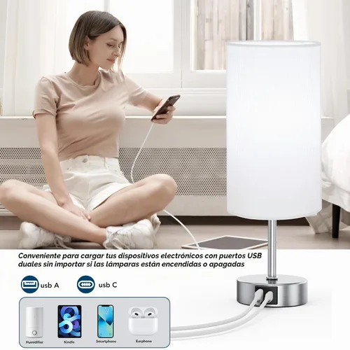 Vista 5 de ROTTOGOON Lámpara de mesa con control táctil de 12.8 pulgadas, lámpara de mesita de noche pequeña regulable de 3 vías con 2 puertos USB, lámpara