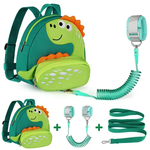 Accmor Mochila con arnés para niños pequeños con correa, lindas mochilas con dinosaurios con enlace antipérdida en la muñeca, lindas pulseras de