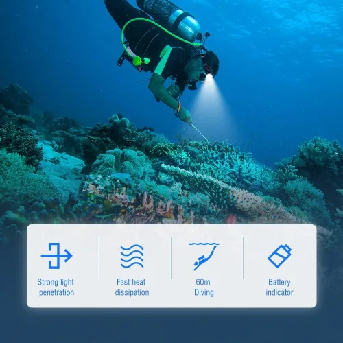 Vista 6 de LUXNOVAQ Linterna de buceo súper brillante recargable linterna IPX8 impermeable luz de buceo 5 modos submarina de seguridad lámpara de cabeza