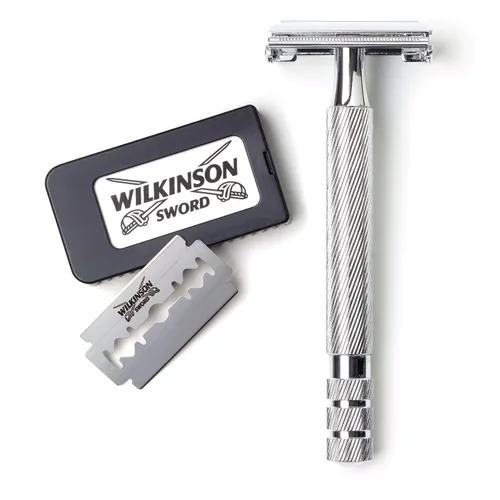 Vista 3 de Wilkinson Sword Maquinilla de afeitar de seguridad de doble filo, 1 mango Mango de metal largo de alta calidad, cuchillas de acero inoxidable
