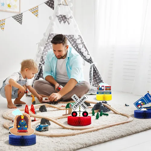 Vista 6 de Spakon 9 piezas de decoración de fiesta de cumpleaños de tren ferrocarril, centro de mesa, decoración de mesa de ferrocarril, panal de abeja