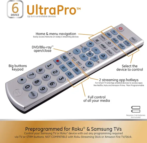 Vista 3 de GE Control remoto universal retroiluminado con botón grande para Samsung, Vizio, Lg, Sony, Sharp, Roku, Apple TV, TCL, Panasonic, Smart TV