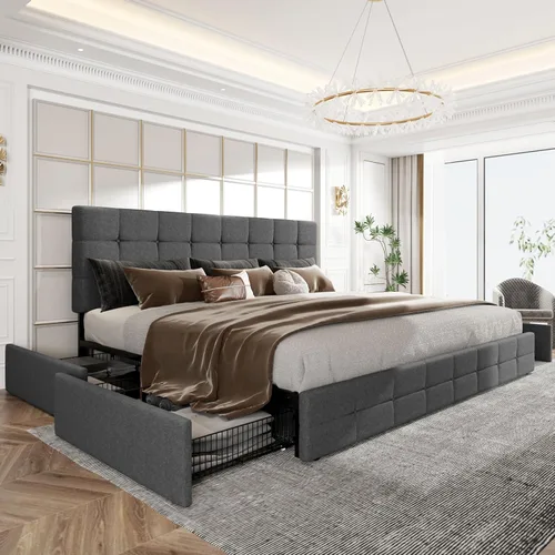 Vista 44 de HOOMIC Base de cama de almacenamiento de plataforma de tamaño matrimonial con 4 cajones y cabecera ajustable, listones de madera, no necesita