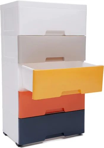 Vista 5 de Cajones de almacenamiento de 5 cajones de plástico con 4 ruedas giratorias, almacenamiento de cajones de plástico adecuado para almacenar libros