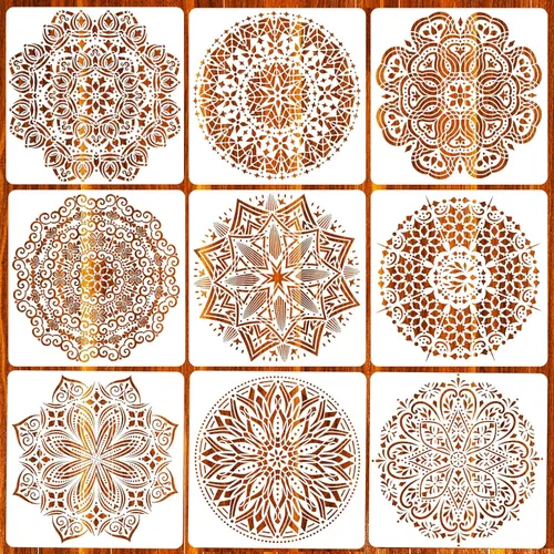 Eunvabir Paquete de 9 Plantillas de Mandala de 12x12'' para Pintar en Madera, Piso, Pared, Azulejo, Tela, Plantillas Reutilizables para Muebles