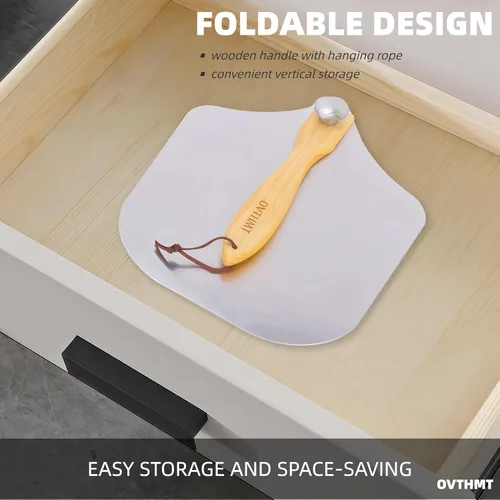 Vista 5 de Pala de Pizza de 12 Pulgadas, Pala de Pizza de Aluminio de 12 x 14 Pulgadas con Mango de Madera Plegable, Pala Giratoria para Pizza, Espátula