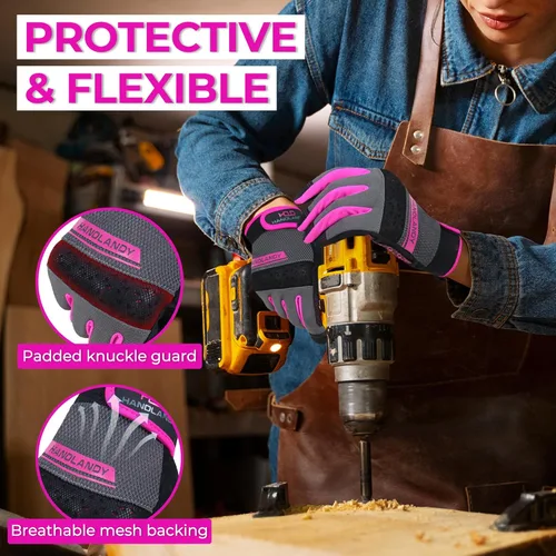 Vista 3 de HANDLANDY Work Gloves for Women, Breathable Leather Gardening Glove for Yard Maintenance, Hand Protection with Touch Screen