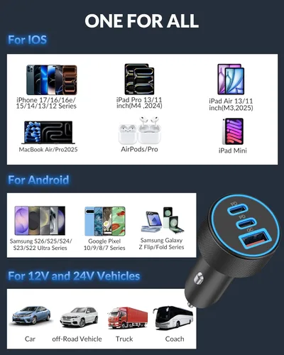 Vista 5 de Cargador de coche USB C de 67 W, carga súper rápida, paquete de 2 puertos de 12 a 24 V, accesorios de coche, adaptador de encendedor de cigarrillos