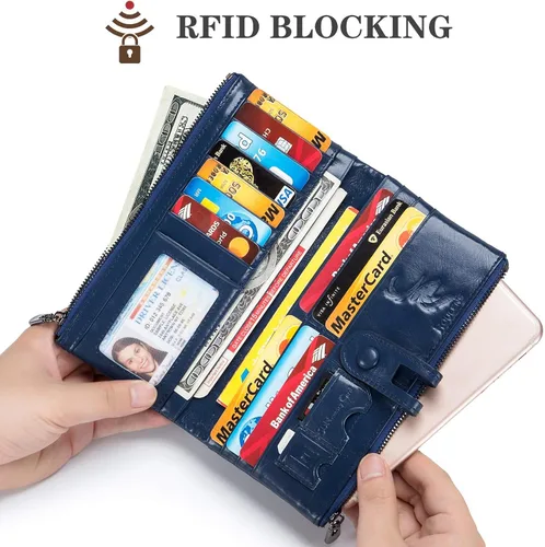 Vista 2 de ROULENS - Billetera de cuero genuino para mujer, con tarjetero, compartimiento para celular, chequera, monedero, con cremallera, cartera Rfid, L