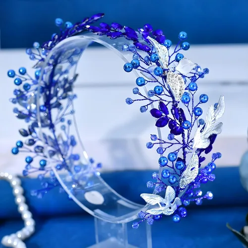 Vista 6 de Diadema de boda con diamantes de imitación hecha a mano con hojas de cristal para novia, accesorios para el cabello para novias y damas de honor