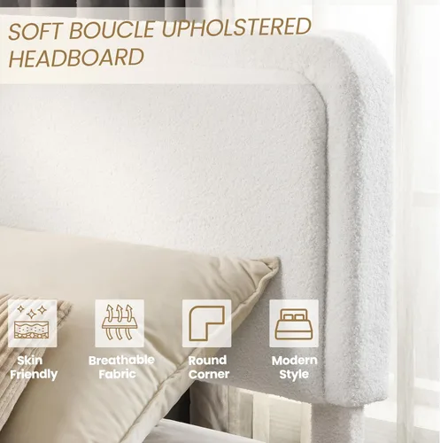 Vista 4 de Base de cama de nube de tamaño Queen con cabecera tapizada ajustable, marco de cama Queen moderno con cabecero, marco de cama tapizado de boucle