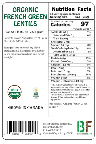 Vista 2 de Lentejas verdes francesas orgánicas enteras crudas, de alta fibra sin OMG a granel (1 libra)