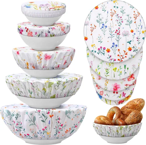 Vista 10 de Patelai 10 fundas reutilizables para tazones en 5 tamaños, tela elástica, fundas elásticas para tazones de almacenamiento de alimentos, tapas