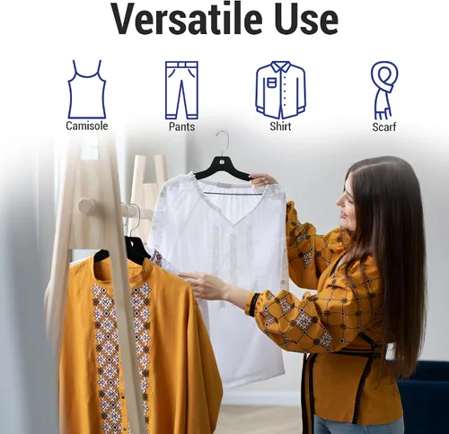 Vista 8 de Victory Display - Perchas de plástico negro resistentes para ropa, perchas delgadas que ahorran espacio con ganchos giratorios, colgador de plástico