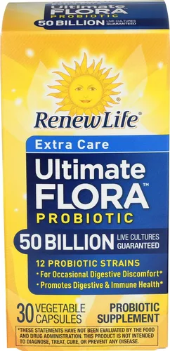 Renew Life - Última flora probiótica cuidado extra - 50 mil millones - suplemento diario de salud digestiva e inmunológica - 30 cápsulas vegetales,