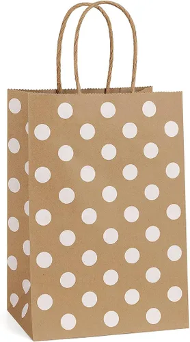 BagDream Pequeñas bolsas de regalo de papel 25pcs 5.25x3x8 pulgadas con asas, bolsas de fiesta de compras reciclables Kraft Brown Dot