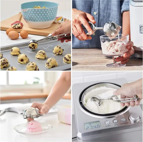 Vista 4 de Cuchara para helado, juego de 3 cucharas para galletas, cuchara de helado de acero inoxidable con liberación de gatillo, cuchara de galletas
