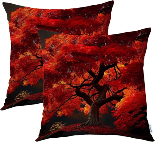 Vista 28 de Batmerry Autumn Maple Forest Throw Pillow Covers, Wooden Chair Houses Yellow Leaves Decorative Pillow Covers Digital Printing Blended Fabric for