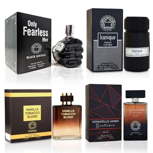 Only Fearless+Iconique+King Oud+Dona Gentlemen - Juego de 4 botellas de colonia para hombre, colección de botellas color azul colonia, aroma fresco