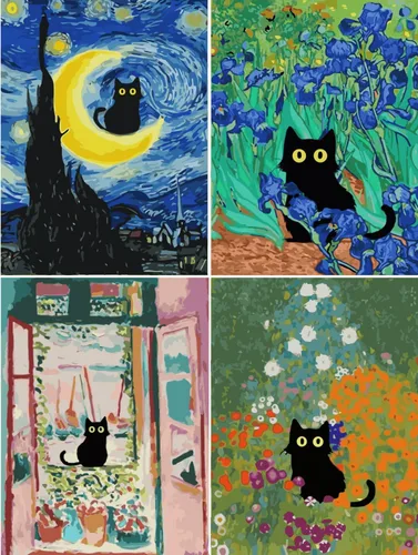 ARPADAMO Kits de pintura por números para adultos principiantes, prensa digital fácil acrílico gato negro 4 piezas de pintura, kit digital de prensa