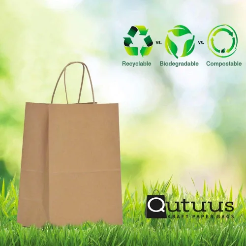 Vista 5 de Qutuus Bolsas de regalo de estraza grandes con asas, 25 bolsas de regalo de 10 x 5 x 13 pulgadas, bolsas de papel kraft reutilizables para compras