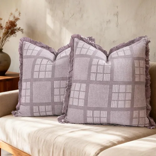 Vista 8 de Juego de 2 fundas de almohada de algodón con diseño de gofre de 24 x 24 pulgadas, fundas decorativas cuadradas europeas decorativas para sofá Azul