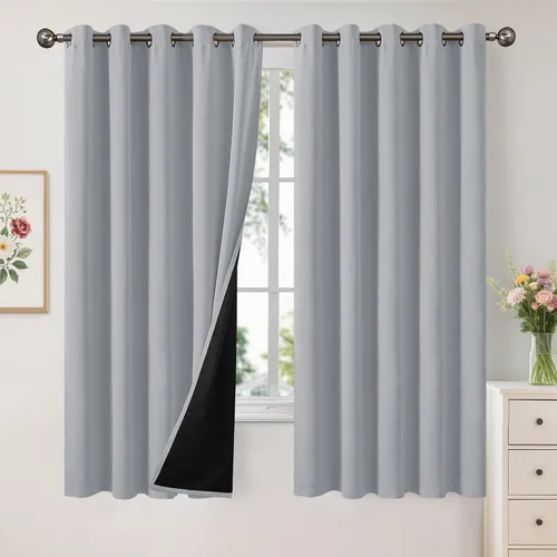 Vista 94 de YoungsTex - Cortinas 100% opacas para dormitorio, con aislamiento térmico y ojales, cortinas oscuras negras con capa pesada para ventana de sala