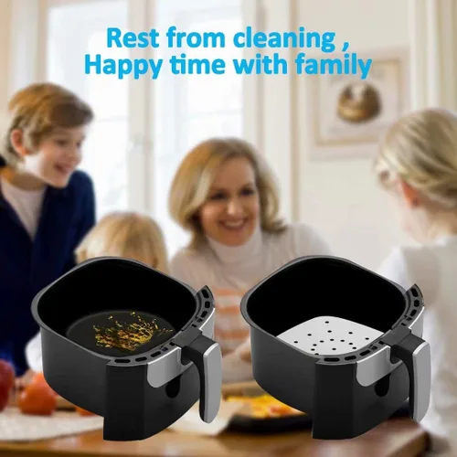 Vista 5 de 200 hojas cuadradas de papel pergamino perforado de 8.5 pulgadas, revestimiento de vapor de bambú antiadherente prémium para freidoras de aire