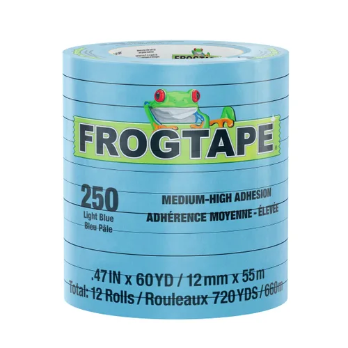 FrogTape Cinta adhesiva de grado de rendimiento de temperatura moderada, 250 unidades, color azul claro, adherencia media-alta, 0.472 in x 180.4 ft,