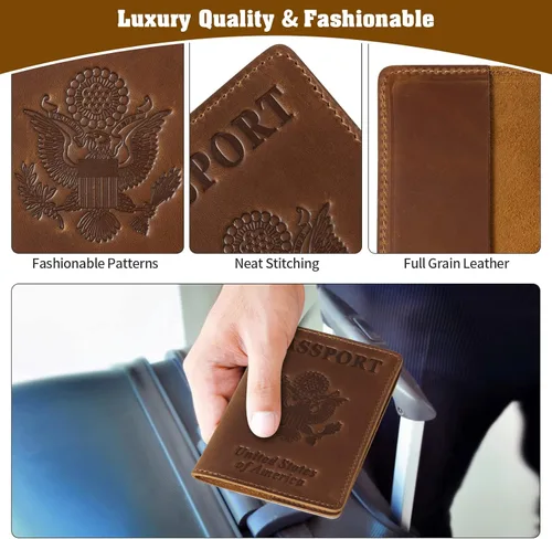 Vista 4 de Jack&Chris Funda de cuero para pasaporte, funda de viaje para hombres y mujeres, Marrón1, Casual