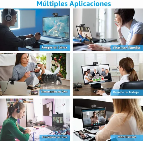 Vista 5 de Cámara web HD 1080P con micrófono y cubierta de privacidad, cámara USB Plug & Play, cámara web de enfoque fijo de gran angular de 120°