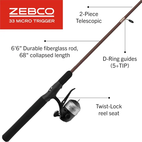 Vista 2 de Zebco 33 Micro Trigger Spincast carrete y caña de pescar, 6 pies 6 pulgadas 2 piezas varilla telescópica de 2 piezas, potencia ultra-Lt, acción Mod