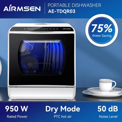 Vista 8 de AIRMSEN AE-TDQR03 - Lavavajillas portátil para encimera, mini lavavajillas compacto con tanque de agua integrado de 5 litros y función de secado al