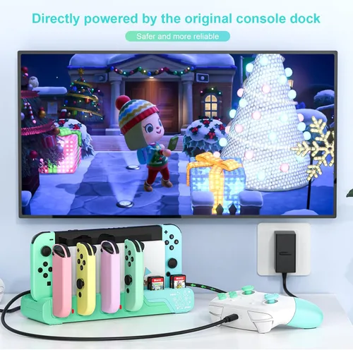 Vista 6 de Switch Controller Charging Dock - Animal Crossing & Switch OLED Model Joycons, Charges up to 6 Joycons with Game Card Storage Stand