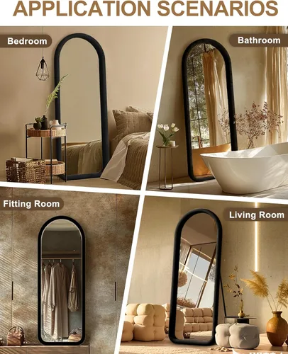 Vista 6 de Delma Espejo arqueado de longitud completa, espejo con marco de terciopelo para apoyar o colgar, decoración de dormitorio y sala de estar, negro