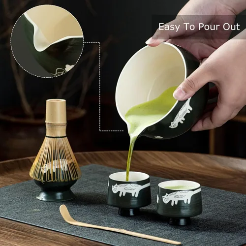 Vista 5 de Juego de té Matcha único para gatos, cuenco de matcha con boquilla, 2 tazas, batidor de bambú, soporte y cuchara, juego de 6 piezas de matcha