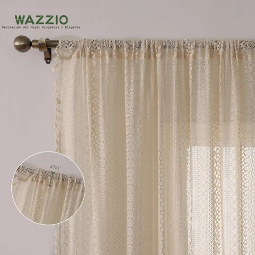 Vista 3 de WAZZIO Cortinas de Encaje, Cortina Boho de Crochet para Dormitorio, Cortinas de Café de Algodón, 45 Pulgadas de Largo, 2 Paneles con Bolsillo