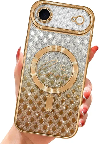 Vista 15 de Funda magnética transparente con purpurina para iPhone 14, compatible con Magsafe, diseño de corazón de amor, chapado de lujo, protector completo