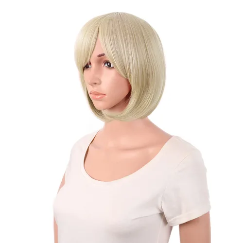 Vista 3 de MapofBeauty Bob corto recto flequillo lateral fibra sintética resistente al calor pelo fiesta Cosplay peluca (rubio)