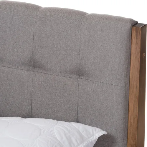 Vista 5 de Baxton Studio Denise Mid-Century - Cama con plataforma de madera, tamaño Queen, gris claro/marrón nogal medio
