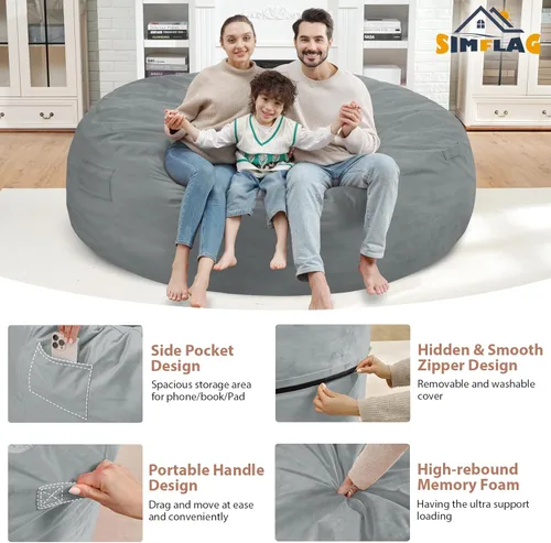 Vista 211 de Puf de 5 pies, puf grande con relleno de espuma viscoelástica, sofá puff esponjoso con funda de terciopelo holandés, puf redondo para sala de estar