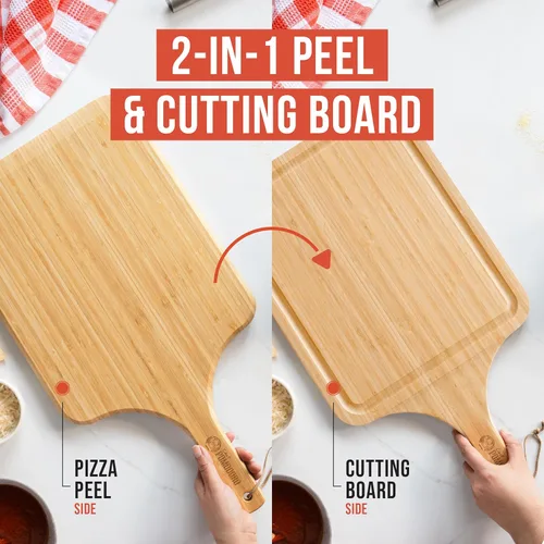 Vista 6 de Chef Pomodoro 2 en 1 de bambú para pizza - Tabla de cortar y servir Transición de masa perfecta de 12 pulgadas y diseño de ahorro de espacio
