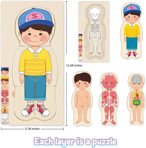 Vista 2 de Rompecabezas de madera para niños pequeños y niños, rompecabezas de anatomía Montessori para niños, juego preescolar de aprendizaje de cuerpo
