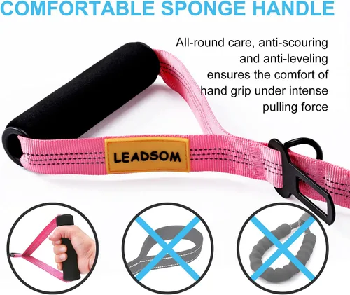 Vista 3 de Correa de 6 pies altamente reflectante y resistente elástica de bungee para perros medianos y grandes, con amortiguación de choque, cómoda asa