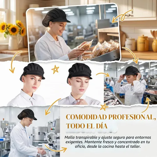 Vista 6 de Nanxson 3 piezas Gorra de chef para cocina, gorro de cocina, redes para el cabello de malla, servicio de alimentos CF9033 Negro*3 piezas