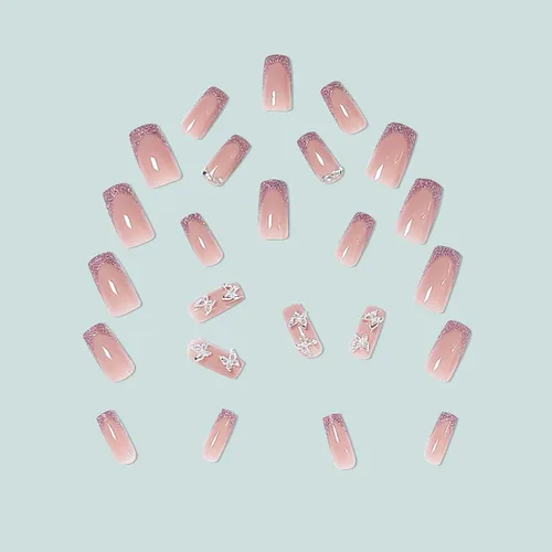 Vista 3 de Uñas postizas a presión con punta francesa con purpurina, uñas postizas largas cuadradas con diseños de dijes de mariposa, uñas postizas