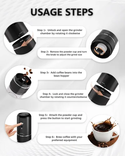 Vista 5 de Molinillo de café eléctrico portátil, molinillo de café automático con diseño de carga inalámbrica USB tipo C, ajustable de grueso a fino