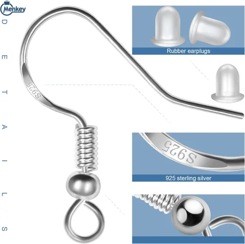 Vista 3 de MENKEY Ganchos para aretes mixtos de ley 925, 120 piezas/60 pares, cables de oreja para hacer joyas, piezas hipoalergénicas con 120 tapones