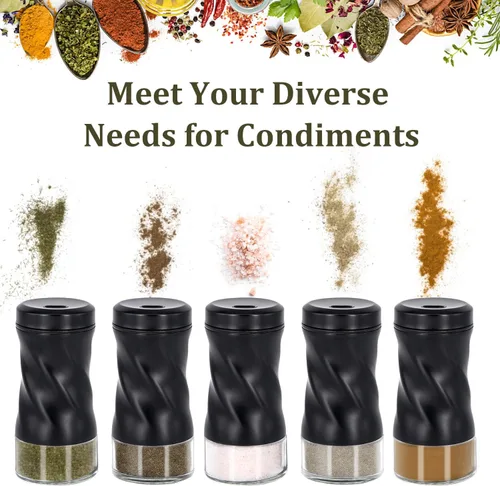 Vista 6 de Saleros y pimienteras negros con orificio de salida ajustable de NEODACO, salero de vidrio moderno con tapas de acero inoxidable para gadgets
